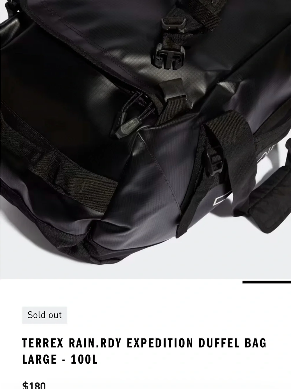 ADIDAS BLACK TERREX RAIN.RDY EXPEDITION 100L BACKPACK DUFFEL BAG